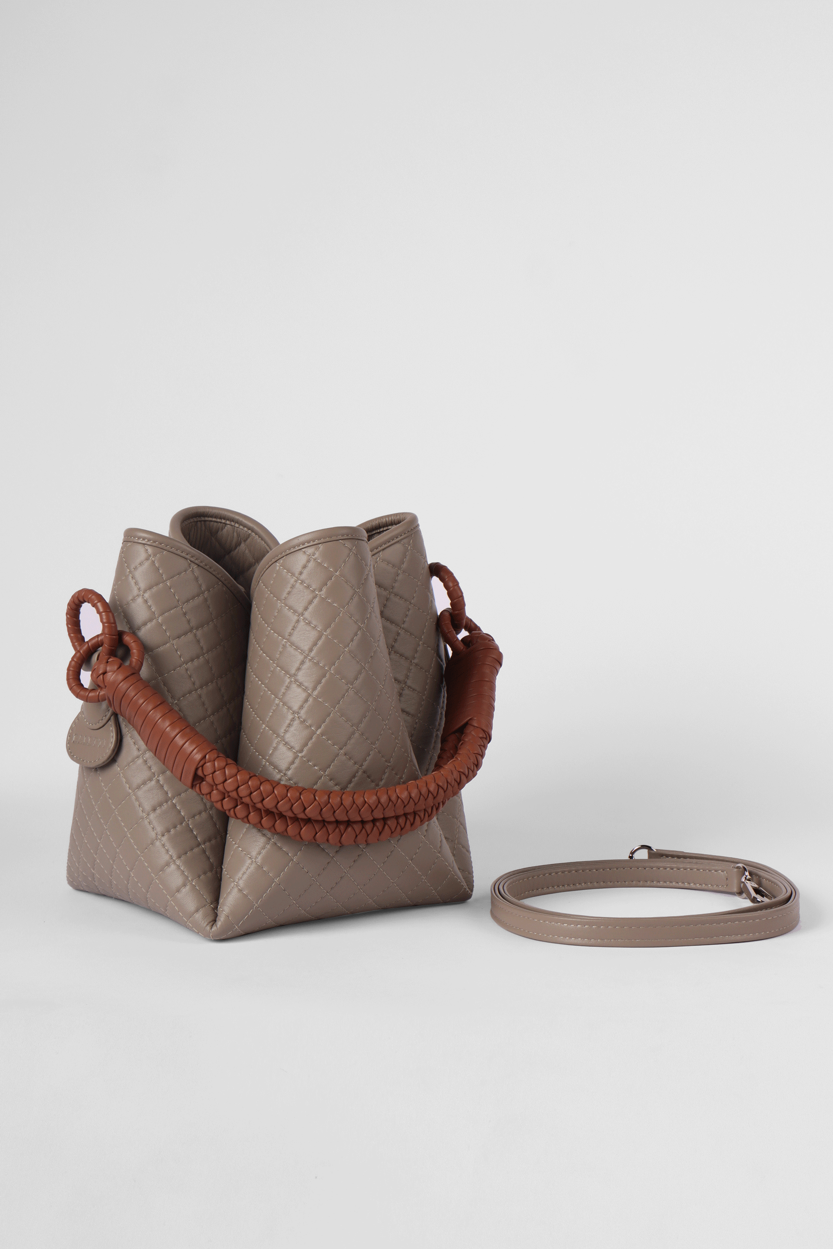 Tulip Bucket Bag, Taupe & Brandy